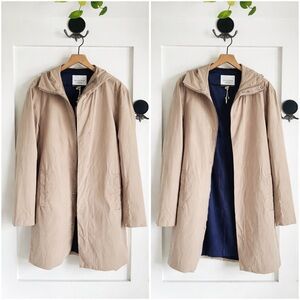 Minimalist utility coat snap front hooded blue lining relaxed fit M/L